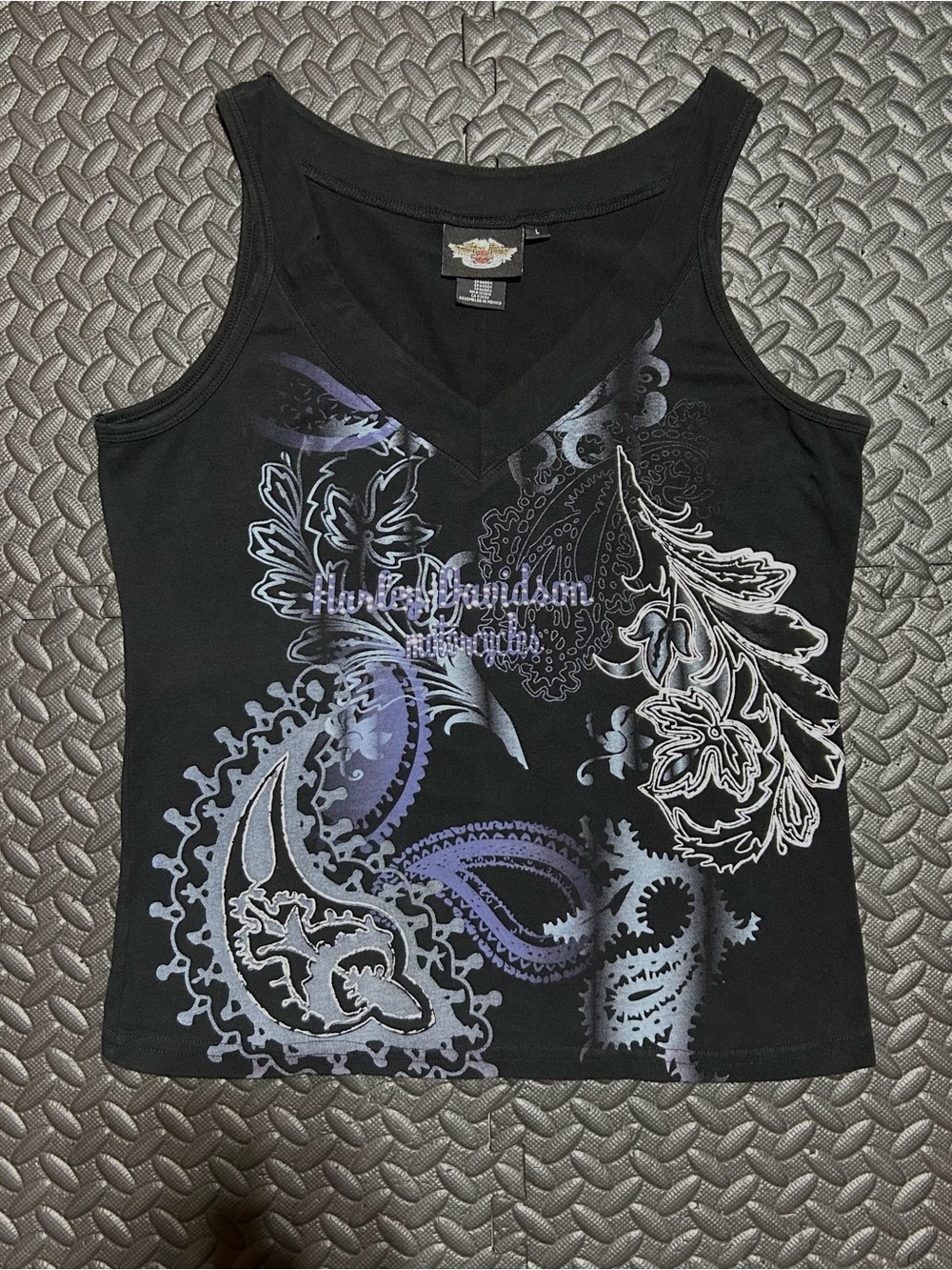 Vintage Harley Davidson Tank Top Paisley Rhinestone Black Biker Womens Large